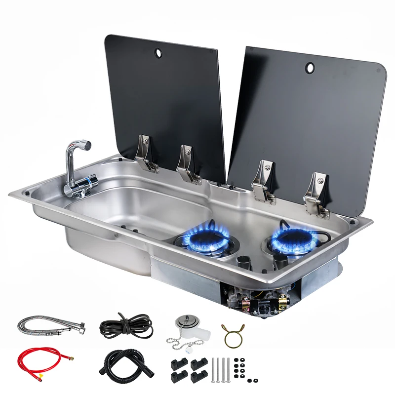 RV Camper 2 Burner Gas Stove with Sink Stainless Steel Caravan Boat Marine Galley Cooker