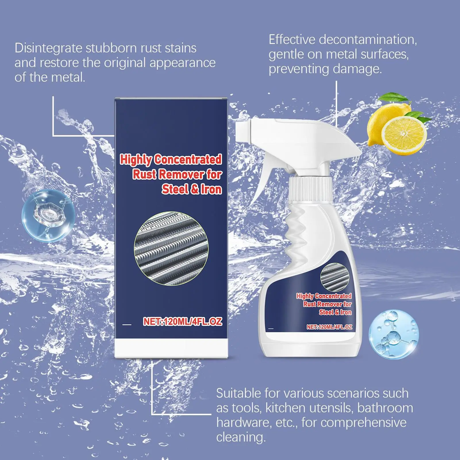 Rust Remover for Metal 120ml Concentrated Spray Powerful Rust Stain Dissolver for Car Tools Garage Marine Automotive Cleaning