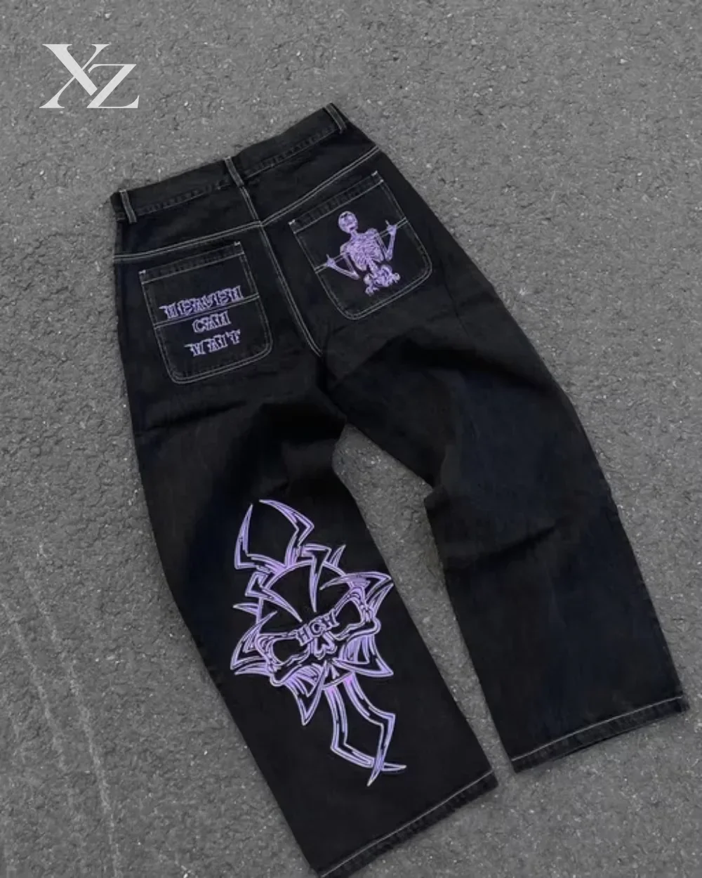 New Straight Casual Loose Wide Leg Trouser Streetwear Y2K Jeans Mens Hip Hop Retro Skull Embroidery Washed Baggy Denim Pants