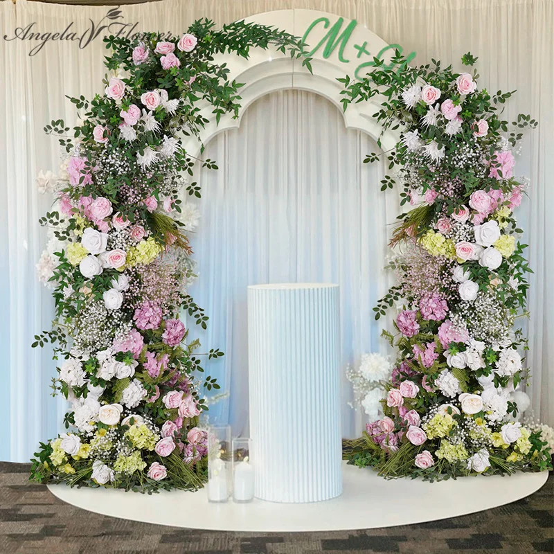 Backdrop for Wedding Decor, Floral Arrangement, Prop,Pink, White, Rose, Green Plants Leaves, Flower Row, Wedding Backdrop, A7847