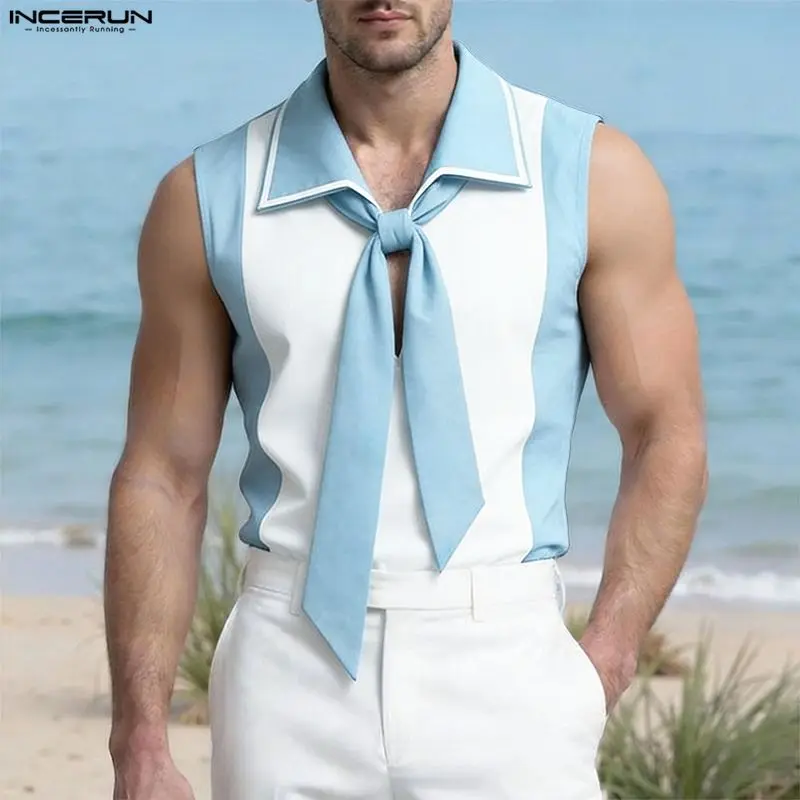 INCERUN Men Tank Tops Patchwork Lapel Sleeveless Summer Male Vests With Tie Streetwear 2026 Fashion Color-block Men Clothes Tops