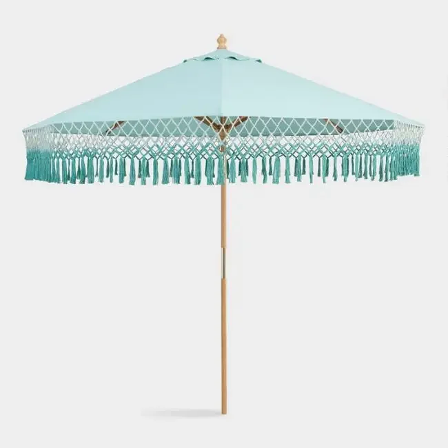 Outdoor Macrame Beach Umbrella Made by  Handmade Cotton Cord with Wooden Frame Used for Hotel and Beach