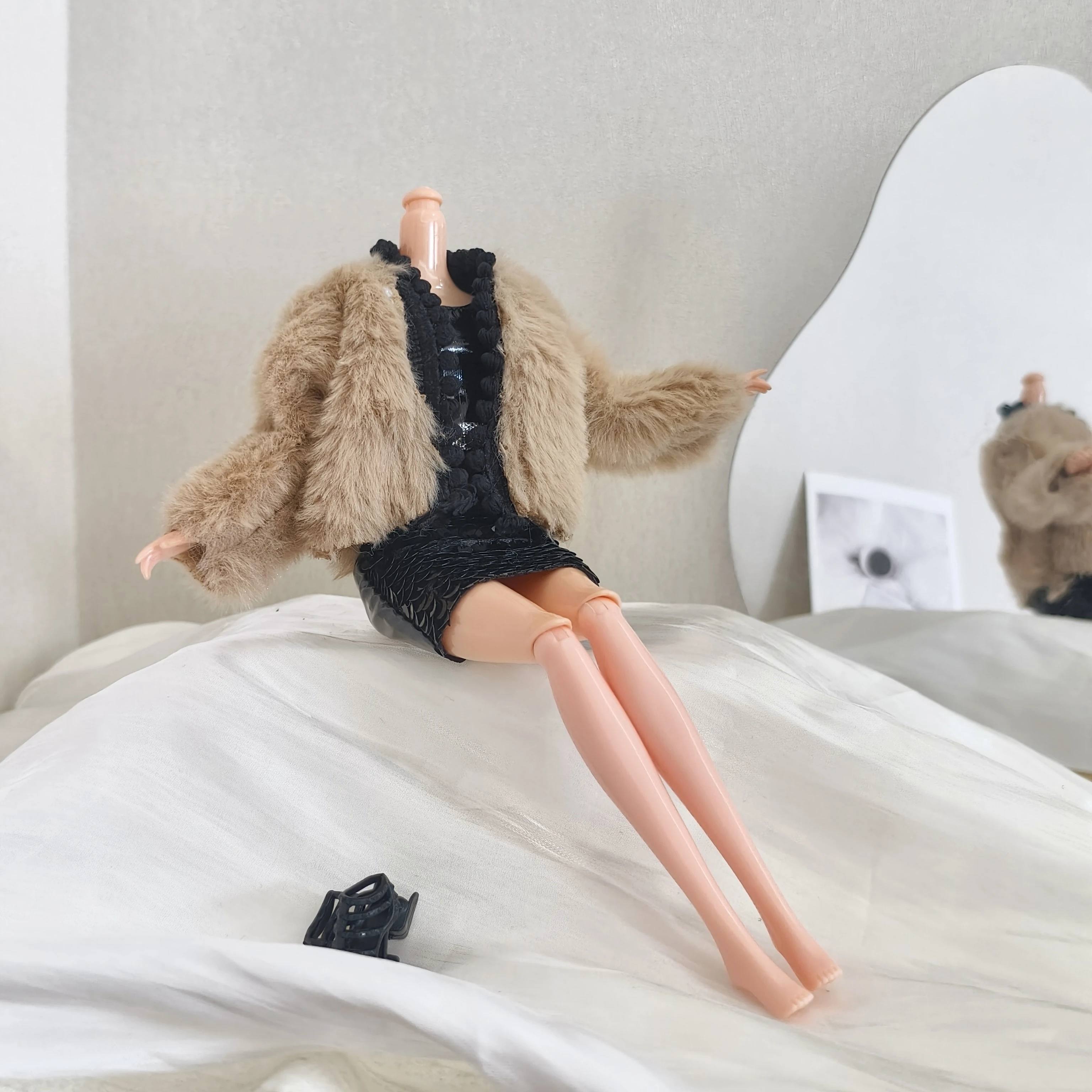 Fashion Luxury Brown Furry Jacket+Sequin Sexy Vest Dress For 1/6 Supermodel Doll Daily Dress Up 30cm Doll Clothes Accessories