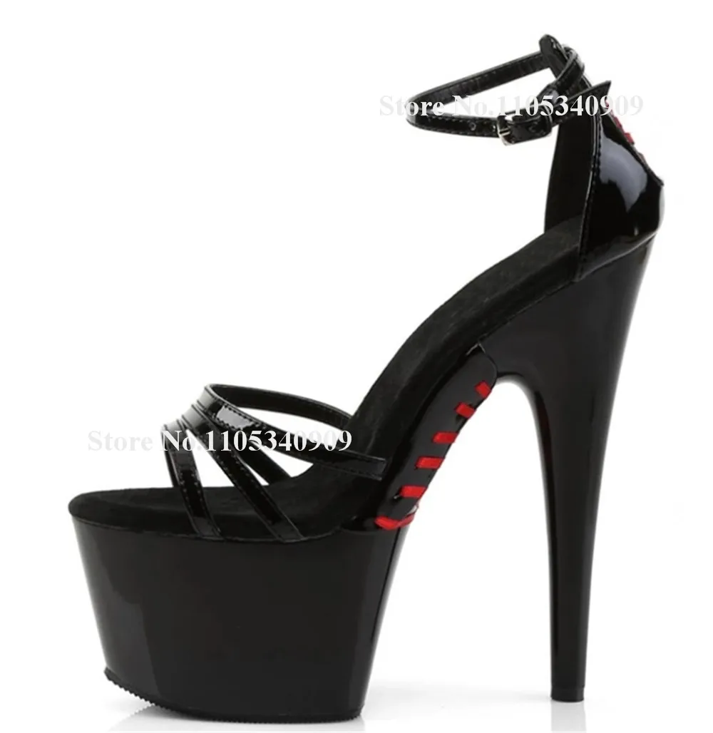 Bondarenko Black Patent Leather Straps Cross Stiletto Heel Sandals Open Toe Cut-out High Platform 17cm Thin Heel Dance Shoes