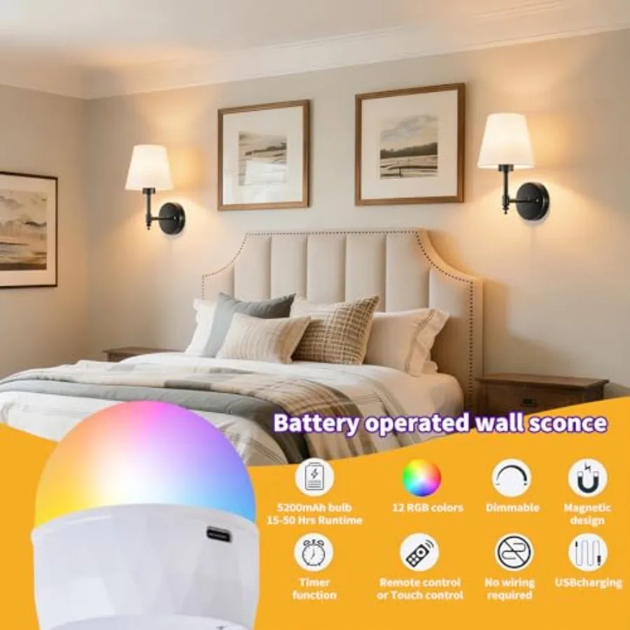 Battery Operated Wall Sconces Set of Two Rechargeable Wireless Wall Lights with RGB Dimmable Magnetic Bulb and Remote 15 Colors