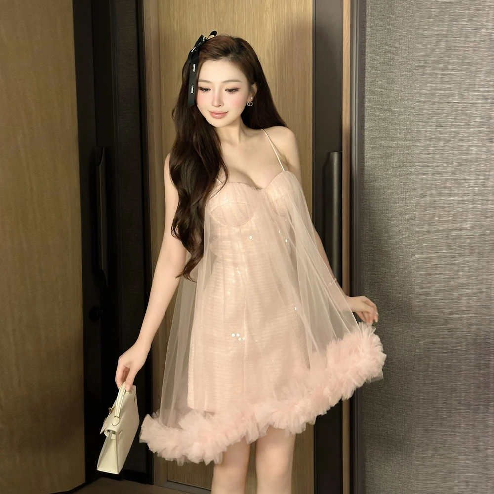 

Chic Sequined Tulle Mini Prom Dress Women's Summer Spaghetti Strap Sweetheart Neck Fluffy Party Gowns Pretty Mesh Formal Dresses