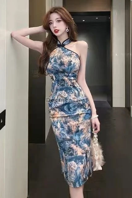 

Лето 2021, новое улучшенное ретро-модное женское сексуальное современное утягивающее платье Cheongsam с китайским принтом без рукавов, длинное элегантное Ципао