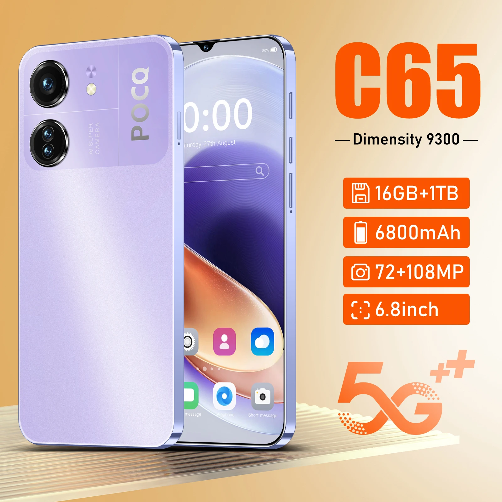 Global Version C65 Smartphone 5G 6.8 Inch Dimensity 9300 72MP+108MP Camera 6800Mah Battery Android 14.0 Phone Unlocked Celular ﻿