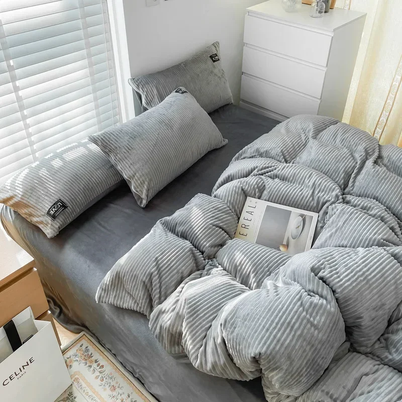 More Warm Grey Striped Milk Plush Duvet Cover Class A Flannel Bed Sheet Four Piece Velvet Set Three Piece Bed  Autumn  Winter