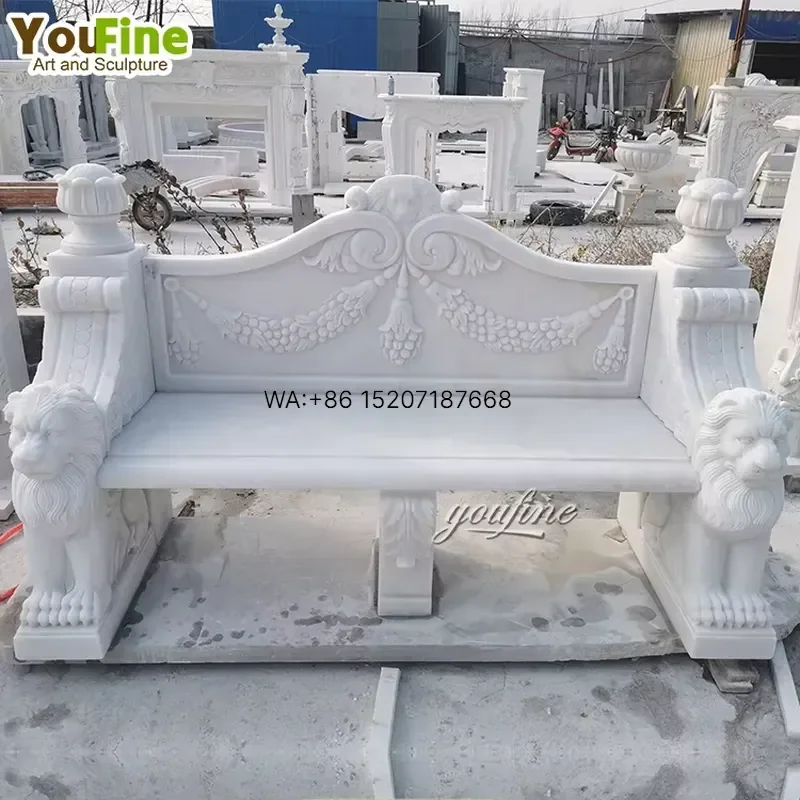 Wmwmnu Outdoor Hand Carved Classical Natural Stone Antique Marble Lion Bench Statue for Garden