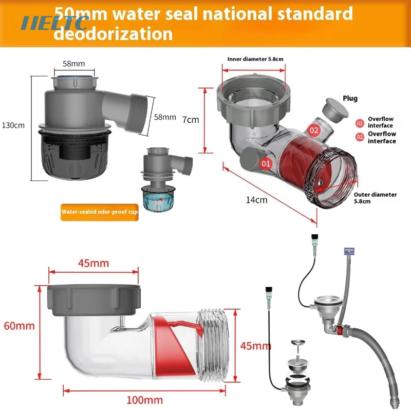 

1 Piece Plastic Side Discharge Double Overflow Anti Odor Accessory Kitchen Sink Drain Check Valve For Anti-Blocking Sewer Tube