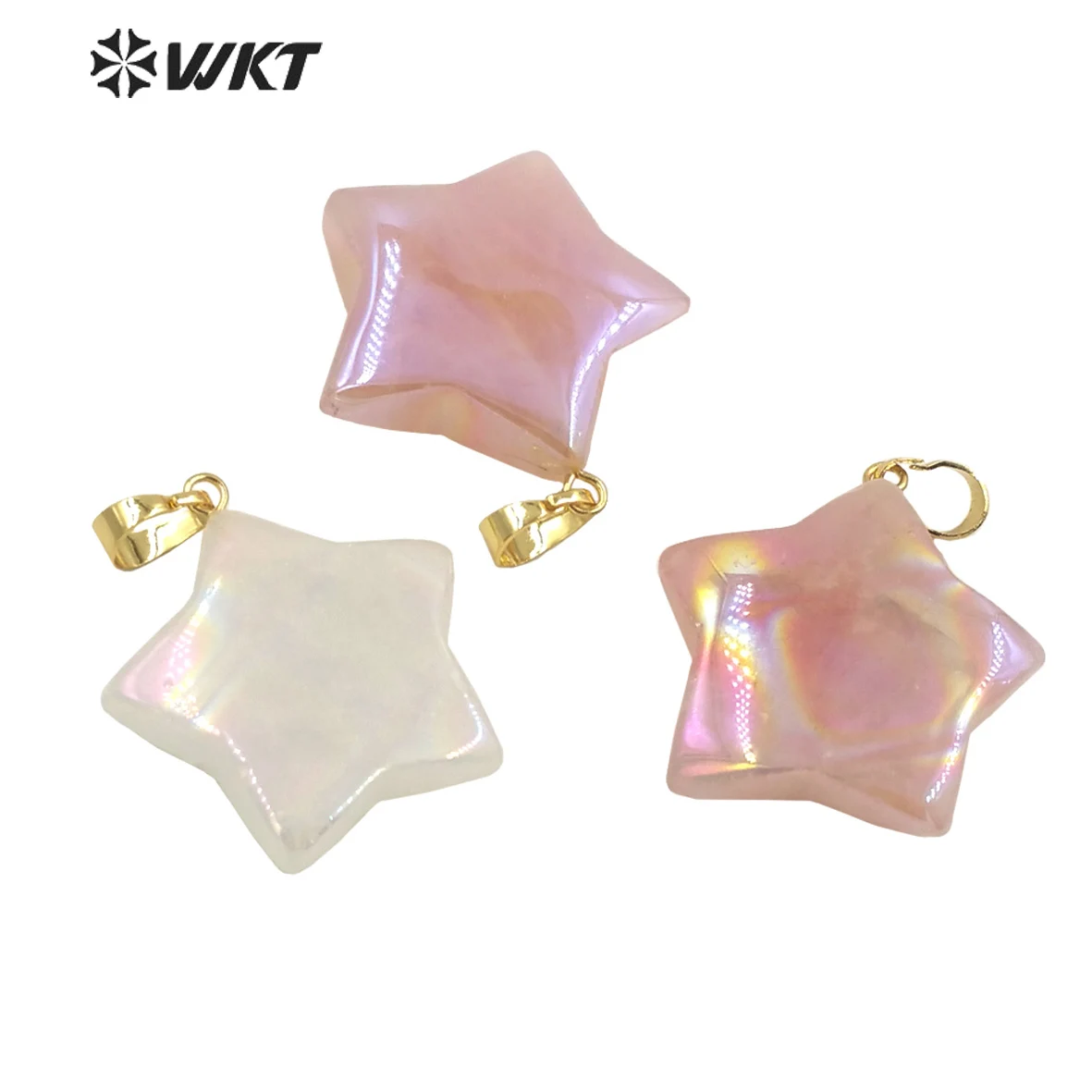 

WT-P1822 Amazing WKT Newest design Natural crystal quartz stone carved Aura Star pendant lady fashion rose quartz stone stars