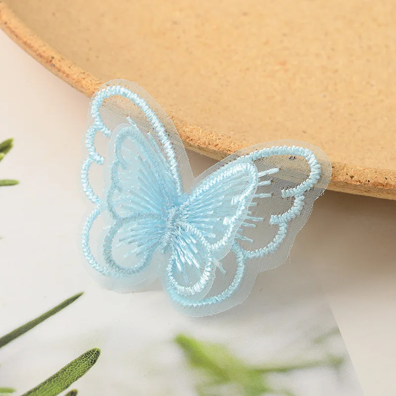 Parche de mariposa de Organza de doble capa, 20 unids/lote, DIY, tela de tul, tocado de mariposa, pegatina, accesorios