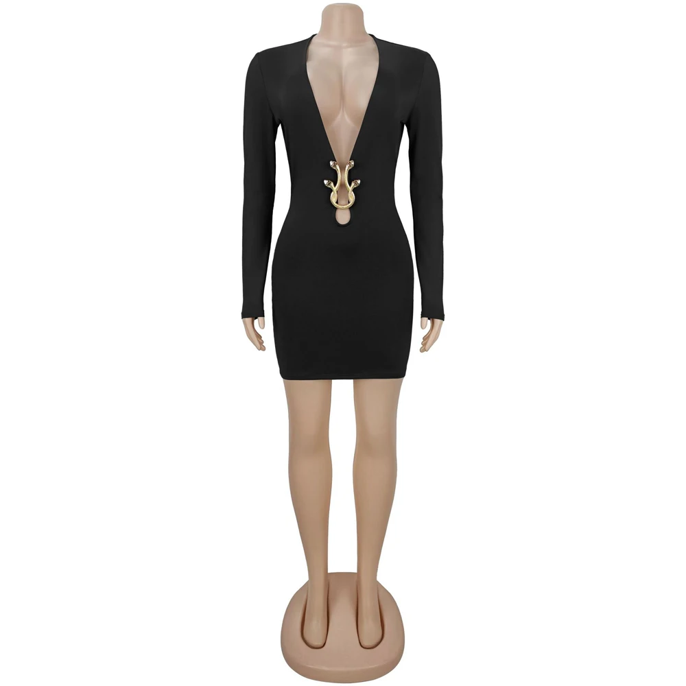 JENYAGE Damen Bodycon-Minikleid mit tiefem V-Ausschnitt und langen Ärmeln, goldener Metallring-Ausschnitt, gerafftes Design, Nachtclub-Party, schmal, sexy, Abendkleid, Schwarz – Detail 4