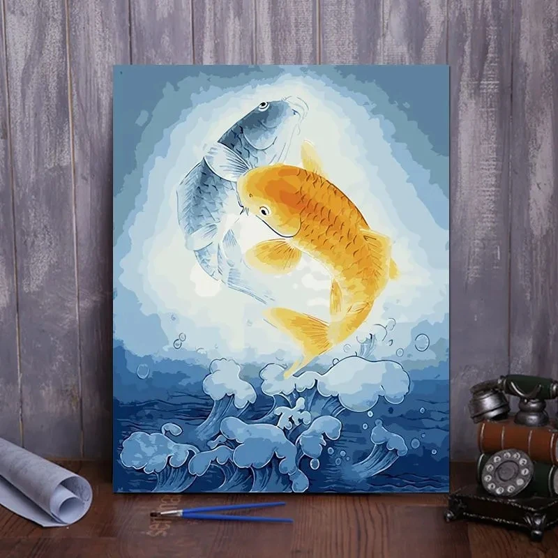 

Digital oil painting filling Chinese auspicious Ruyiyi Goldfish Carp Porch decoration color oil color acrylic painting