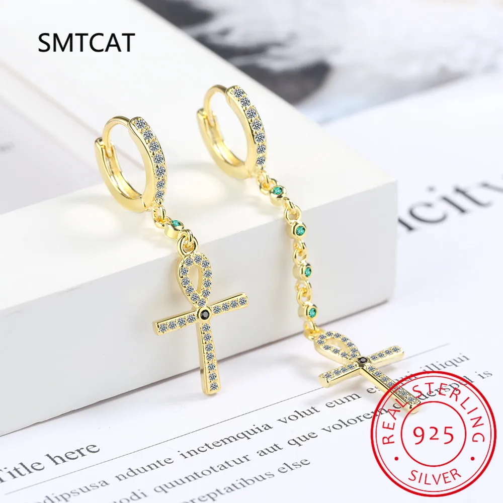 

Зеленый имитация нано-изумруда, стерлинговое серебро 925 пробы, асимметричный крест, цепочка с кисточками, серьги-кольца для женщин, эффектные ювелирные изделия с драгоценными камнями