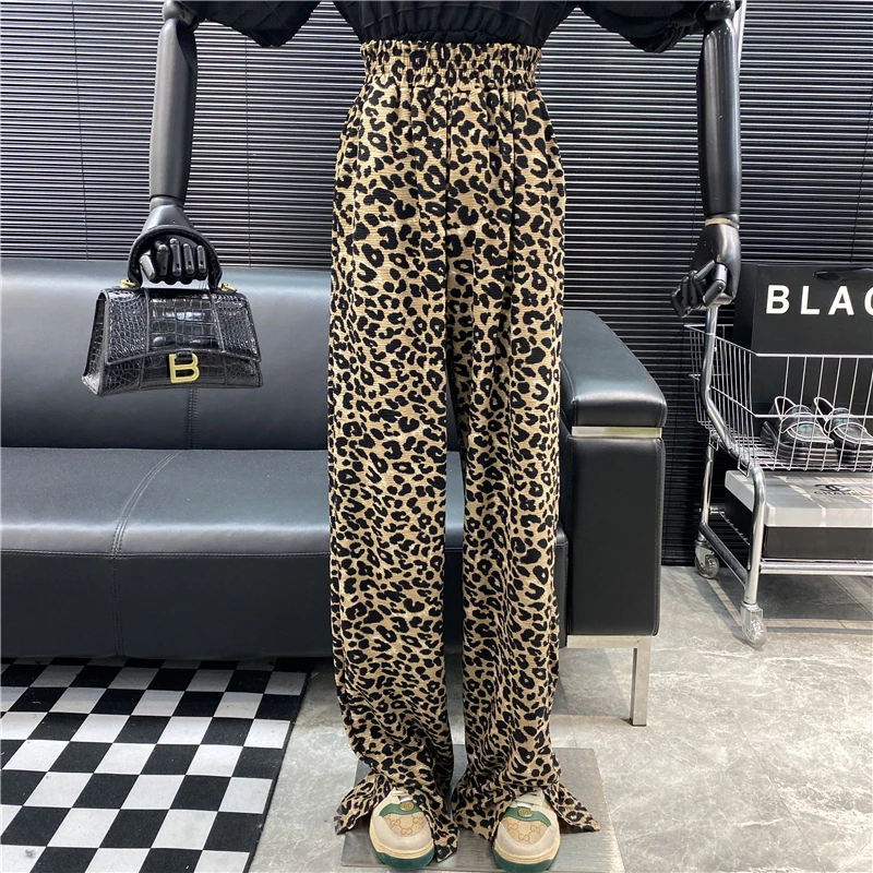 New 2022 Designer new style Famous brand Leopard Print High waist Hem split Casual pants Versatile Loose Straight pants