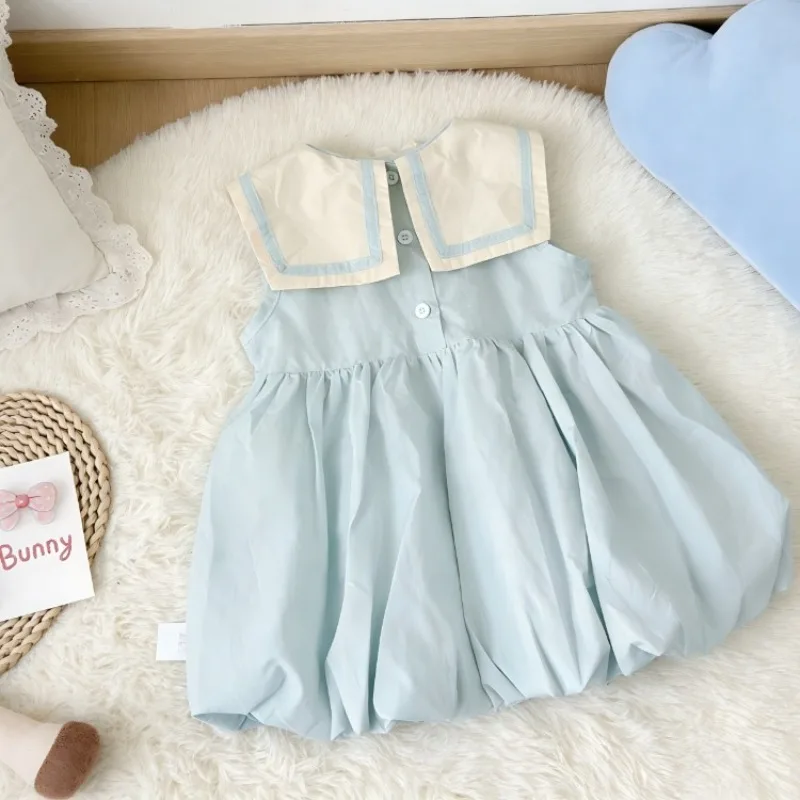 2026 New Girls Navy Collar Striped Dress Academy Cute Flounce Hem Skater Dress Summer Girls Dress