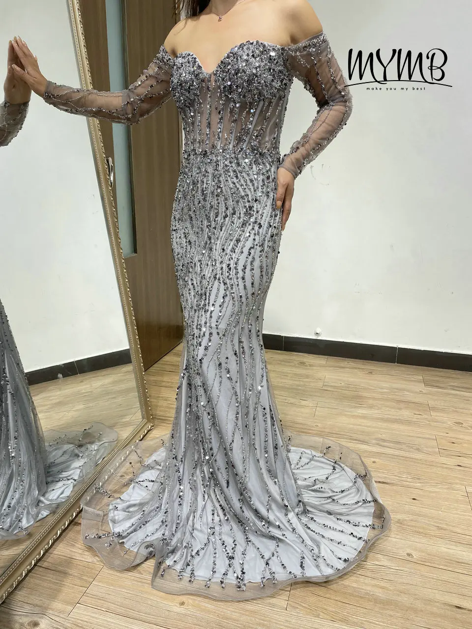 Vestido de lujo con hombros descubiertos para mujer, vestido de fiesta de noche de alta costura, vestido de novia de manga larga de diseñador, MY31150