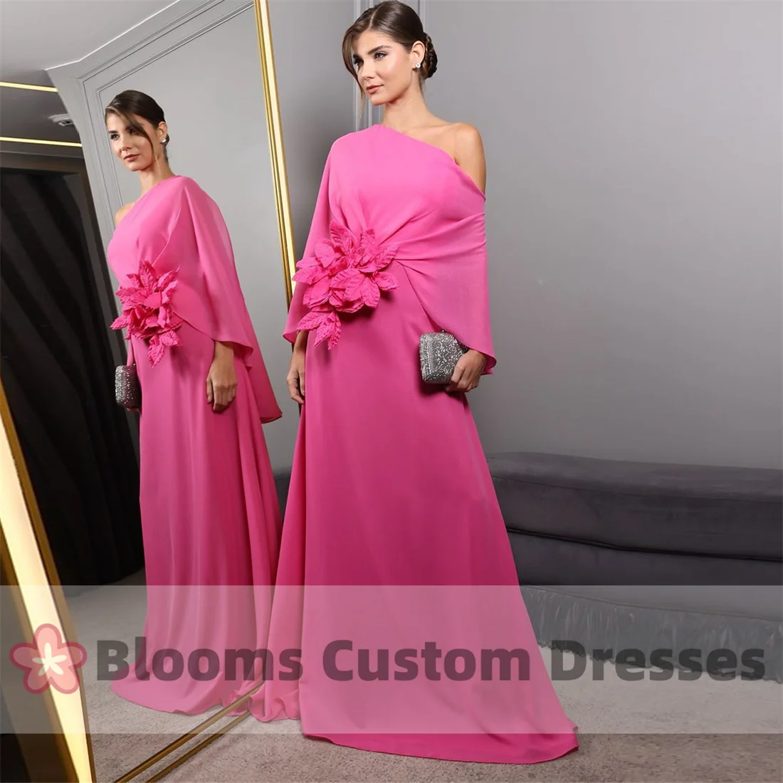 Blooms Off Shoulder Chiffon 3D Applique Evening Dresses 2024 A-line Wedding Guest Formal Occasion A-line Party Dress For Prom