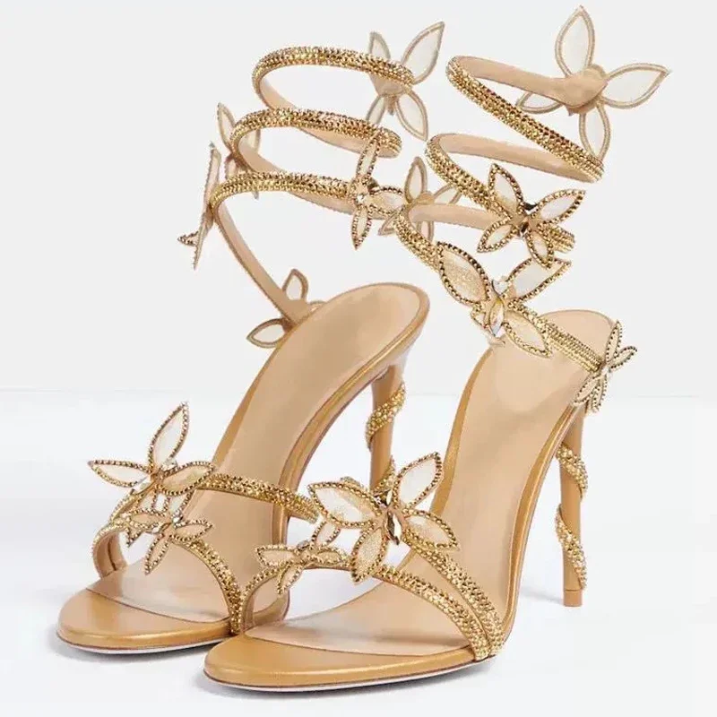 

Women's Open Toe Satin Rhinestone Flower Wrap Around Leg Straps Twisted Stiletto Heel Sandals Bridal Wedding Party Footwear