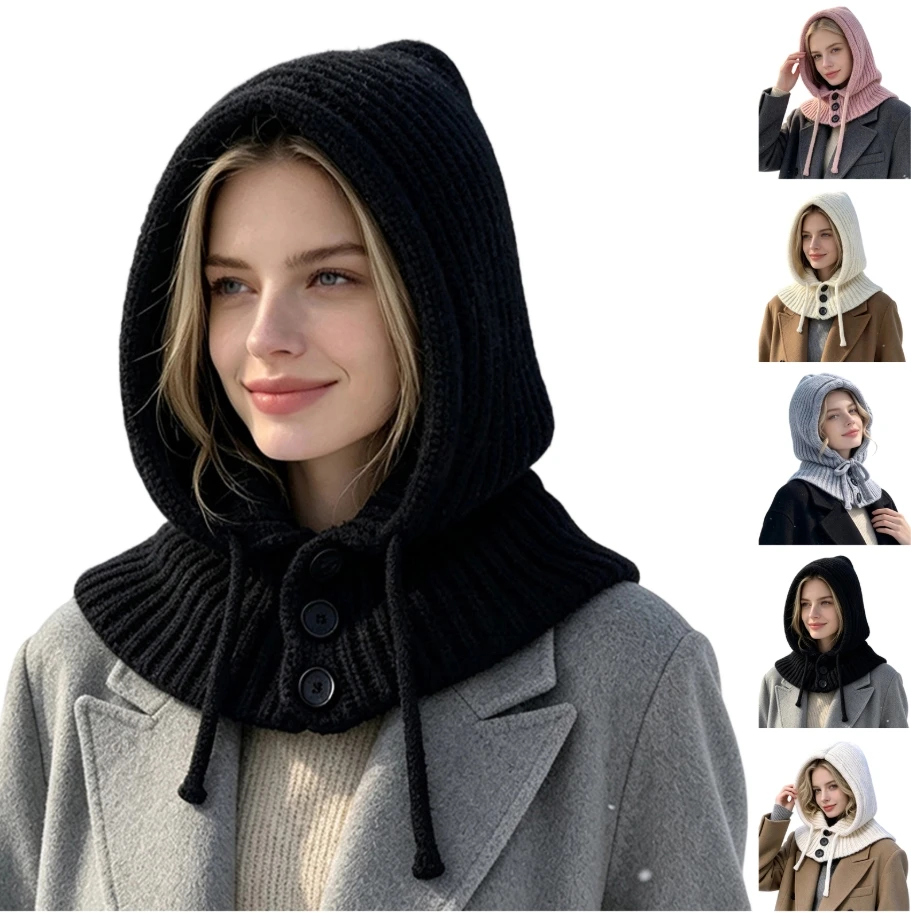Warm Knit Hood Scarf Winter Outdoor Thick Button Cowl Neck Warmer Women Men Windproof Hooded Wrap Cold Weather Drawstring 2026