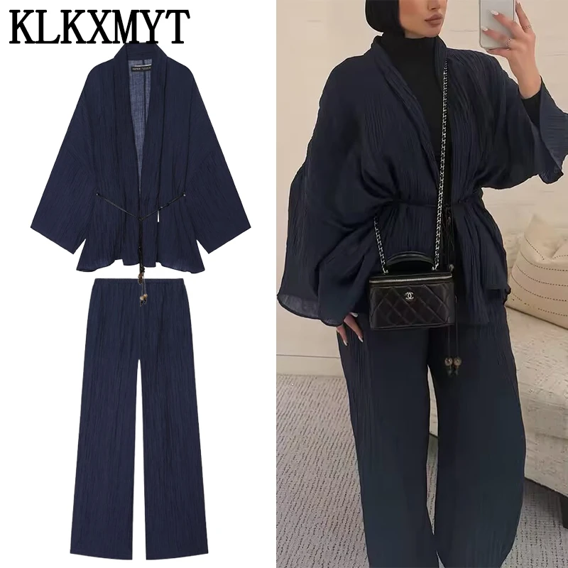KLKXMYT Fashion Solid Women's Pants Set Long Sleeve V-Neck Lace Up Tops Wide Leg Pants 2026 Autumn Casual 2 Pieces Set Women ﻿ ﻿