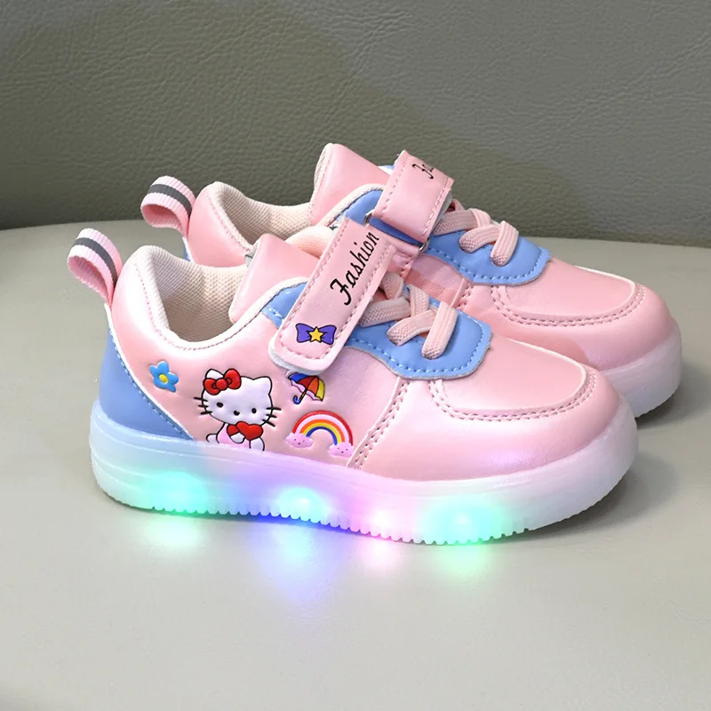 LED Kids Shoes for Girls Cute Cartoon Shoes Baby Girl Kawaii PU Leather Shoes Soft Bottom Sneakers Casual Shoes Size 21-30