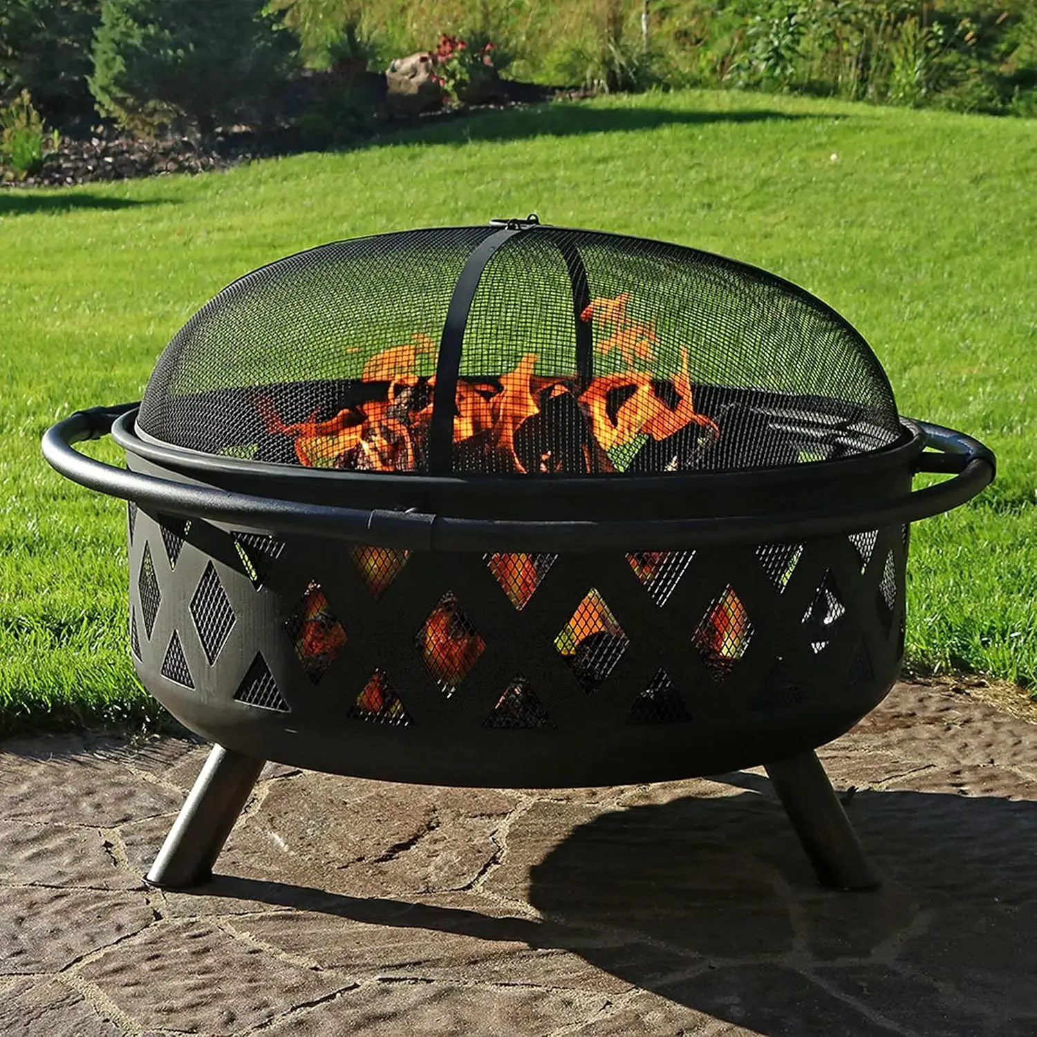 Sunnydaze Black Crossweave Steel Wood-Burning Outdoor Fire Pit - Includes Spark Screen, Poker and Cover - 36-Inch Round