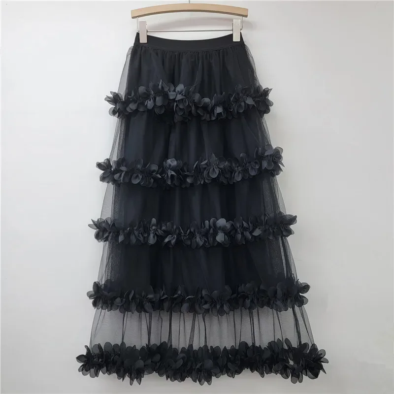 

Женская юбка Design Sense Layers Petal Edges Net Yarn Cake Skirt 2025 Вечерние платья Высокая талия А-силуэта Большой подол Длинные юбки