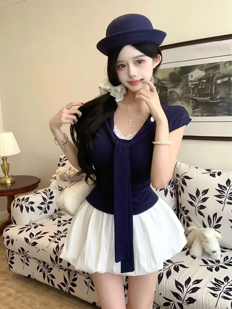 

Slim Fit Lace Splice Design Casual Navy Collar T-Shirt And Short Skirt Women's Summer Set High Waist Short Skirt Elastic Waist