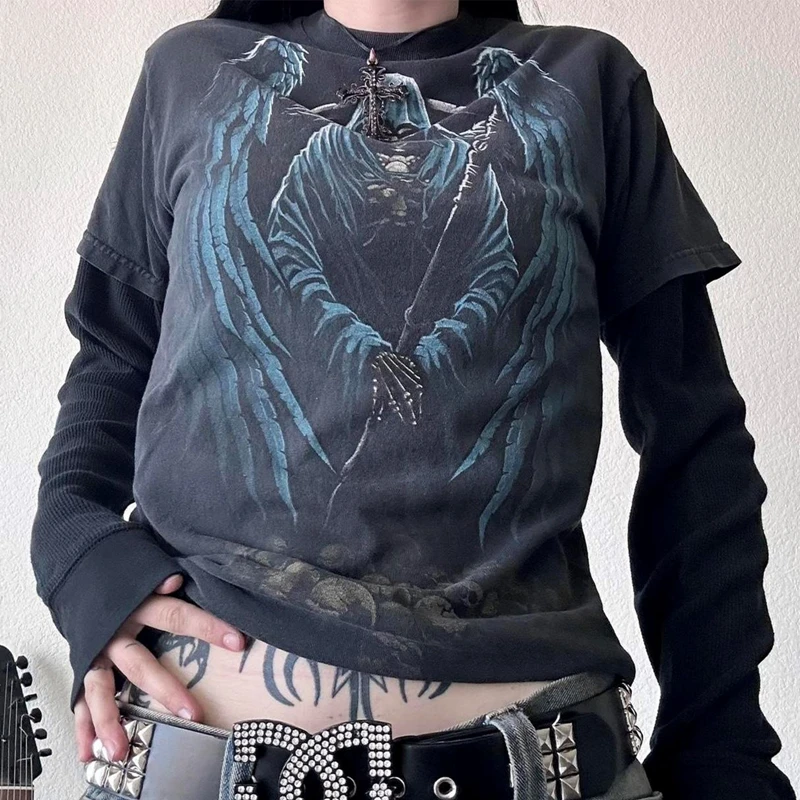 Y2K Grunge Cyber Layered Sleeve T-shirt 2000s Retro E-girl Gothic Skull Cute Tops 90s Vintage Mall Goth Harajuku Pullovers Tees