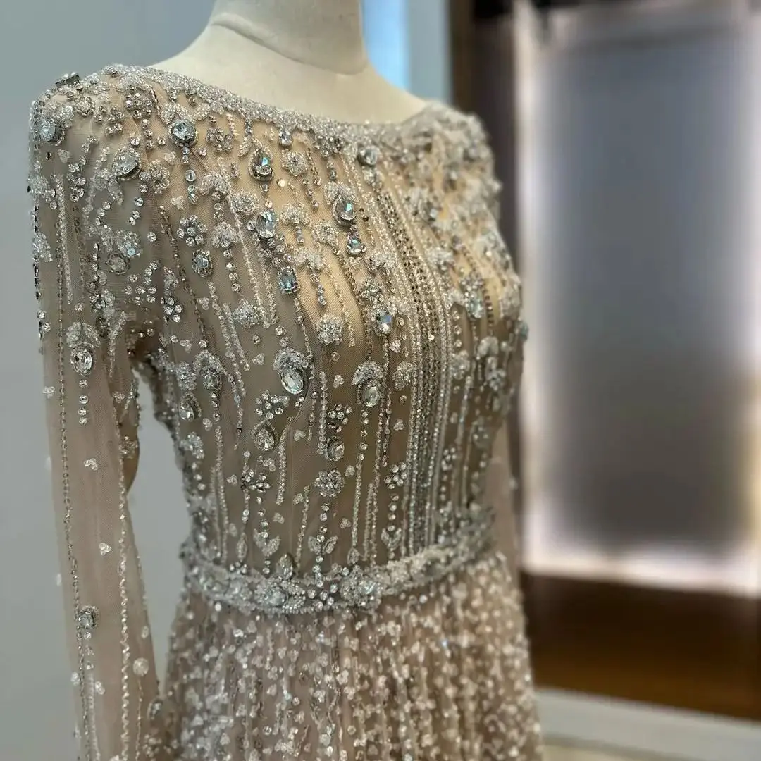 FATAPAESE Customized Saudi Full Sleeve Fully Crystal Beaded Sparking Luxury Saudi Evening Dresses Gowns For Formal Occasion