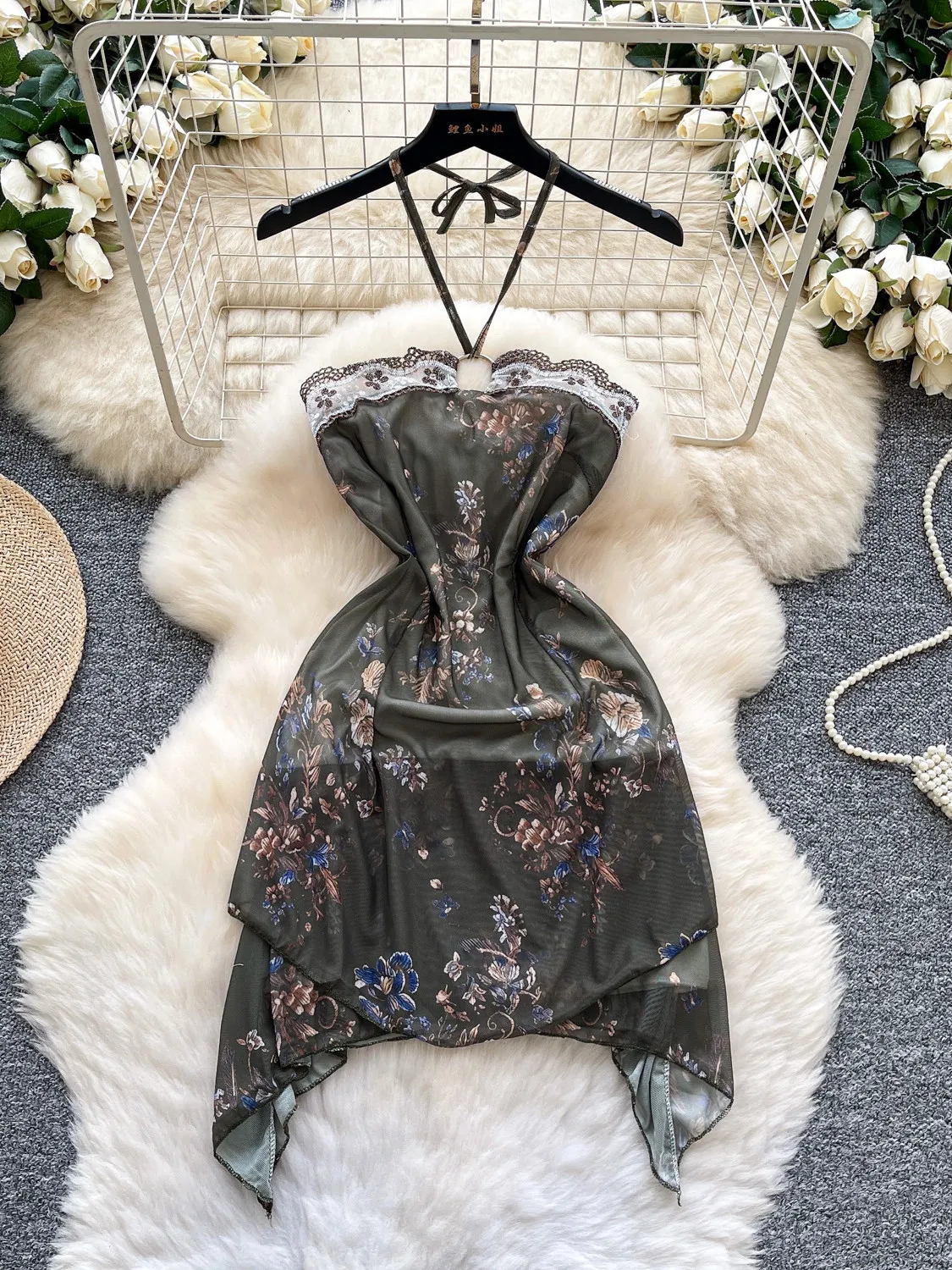 

Women Green Floral Dress Vintage Elegant Asymmetrical Off Shoulder Luxury Party Dress for Women One Piece Frocks Summer Clothes
