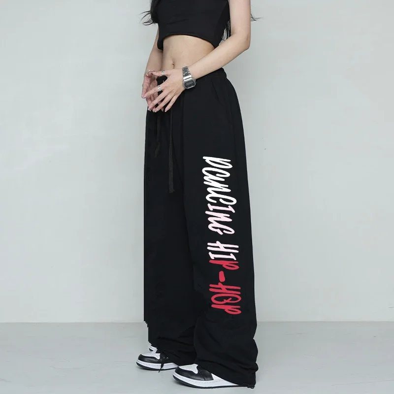 Spring Summer New 2026 Pants for Women Letter Print Drawstring Design Wide Leg Pants Women Trendy Casual All-match Y2K Trousers