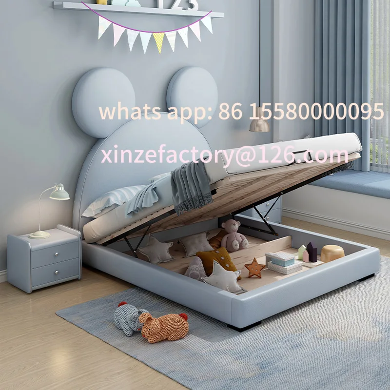 سرير جلدي من الخشب الصلب للأطفال قابل للتخصيص باللون الوردي