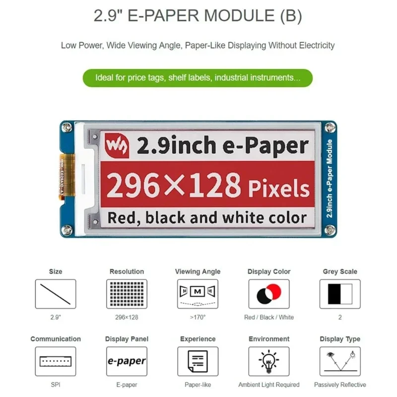 Módulo papel eletrônico 2.9 "tela spi 296x128 pixels tricolor vermelho branco preto tela forraspberrypi spi e-ink longa