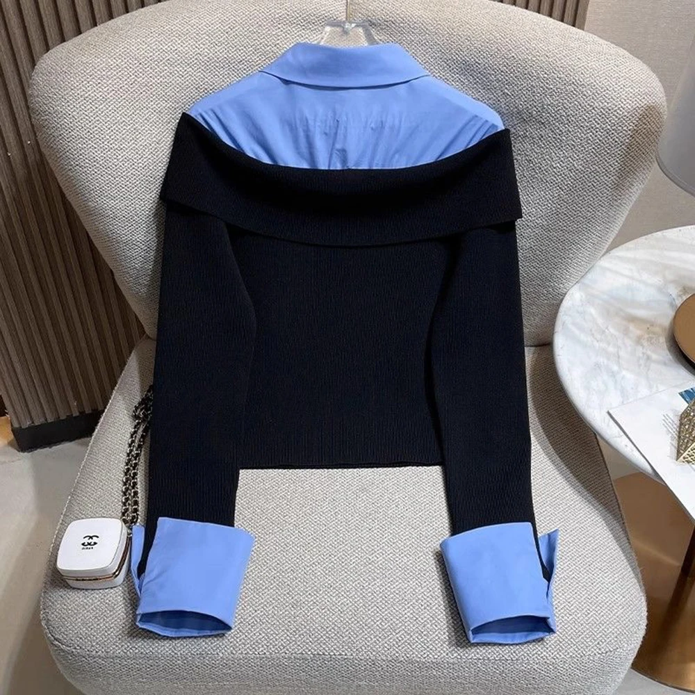 

Off Shoulder Fake 2Piece Shirt 2026 Spring New College Style Slim Fit Pullover Knitted Tops Women's Casual Fashion Clothing