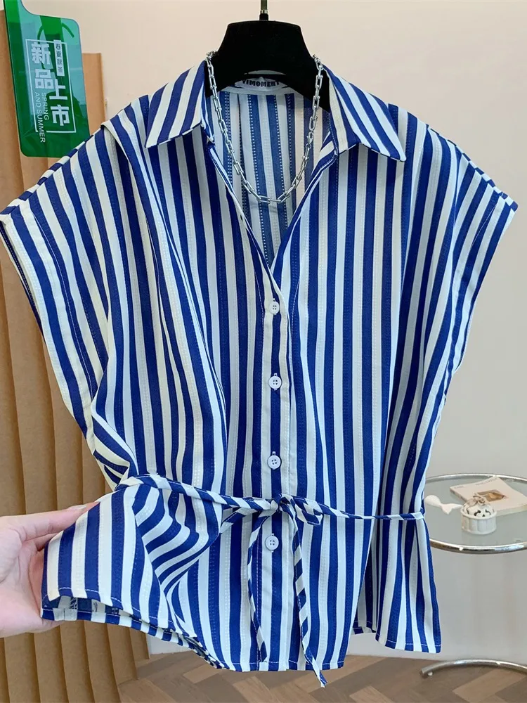 

Elegant Blue Striped Short Sleeve Shirt Women's Summer Design Cotton Linen Blend Sleeveless Top Comfortable Breathable