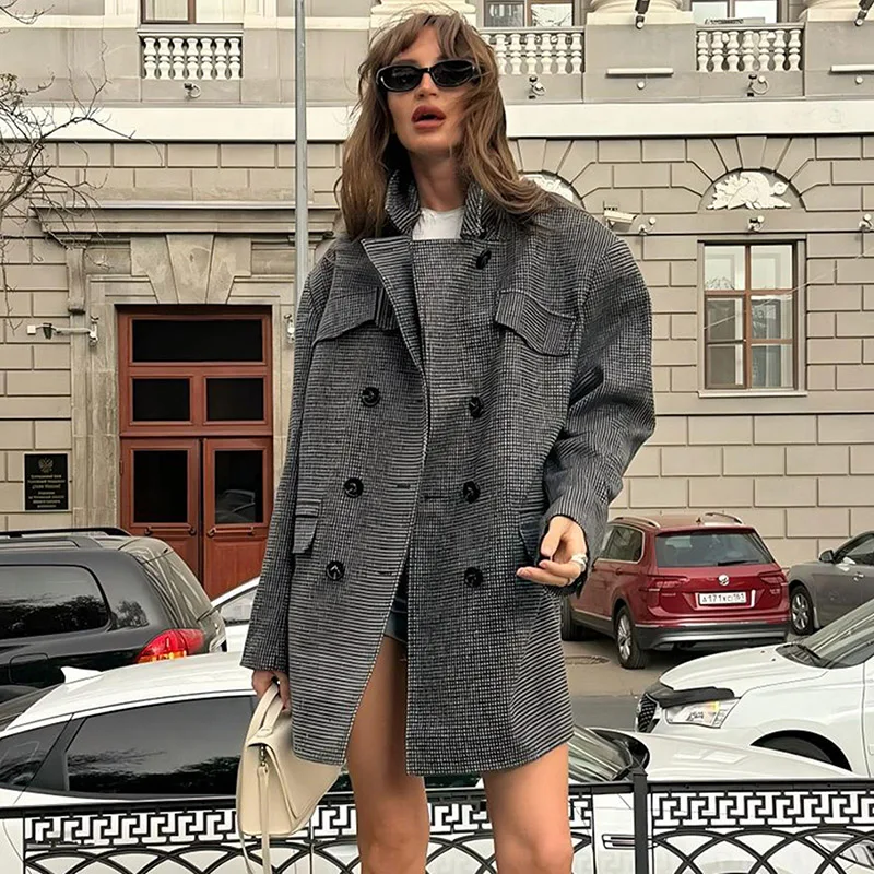 Tornova Lapel Overcoat Commuting Jacket Women's Double Breasted Streetwear Plaid Long Sleeve Coat 2025 Autumn Winter Fashion