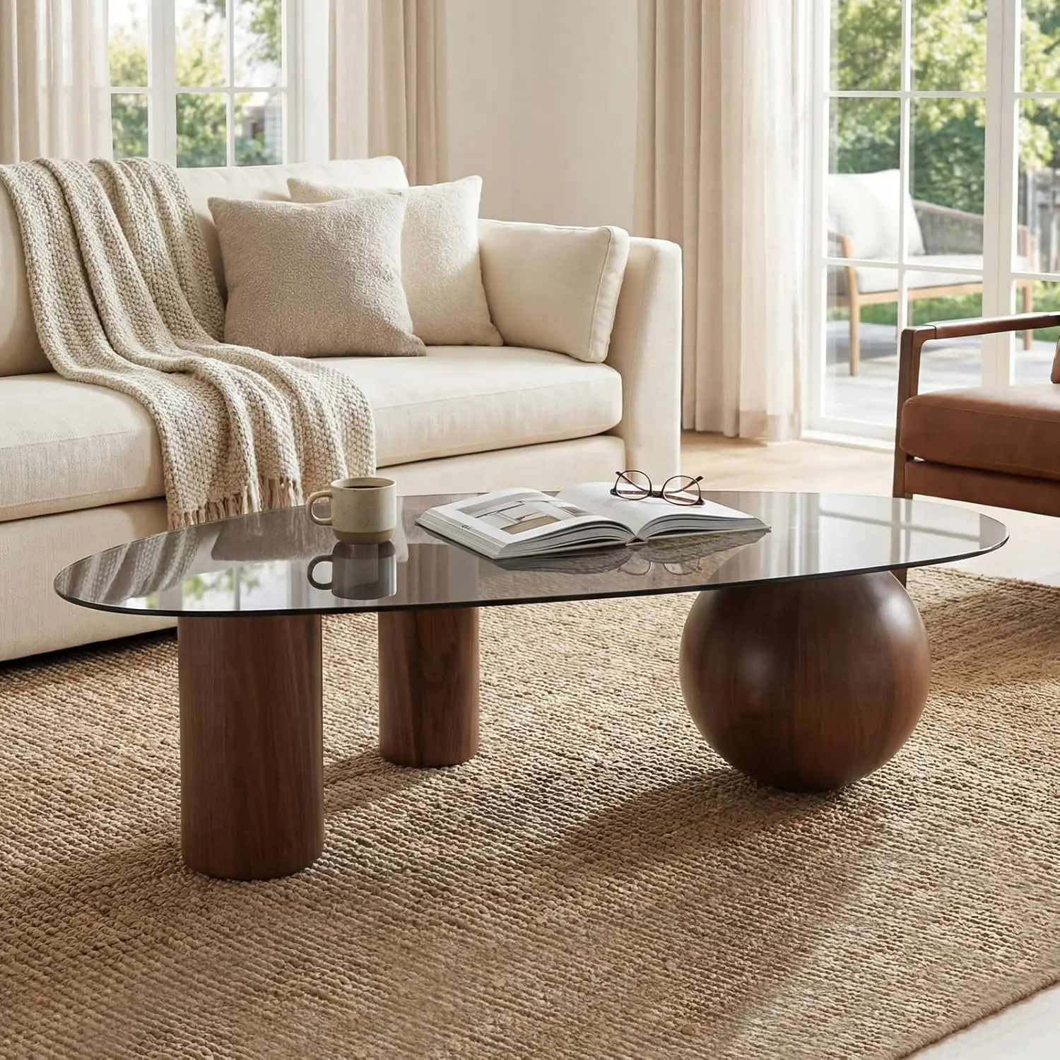 

55" Oval Tempered Glass Top Wooden Legs Coffee Table Living Room Home Office Apartment Center Table, Customized