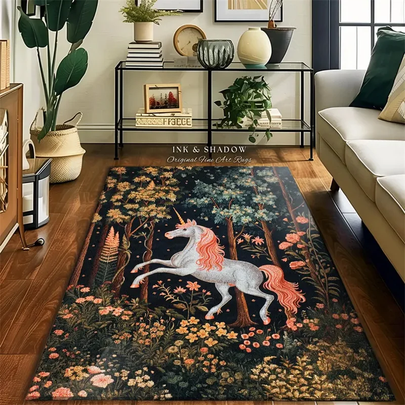 Mystical Woodland Unicorn Rug Fairycore Decoration Romantic Aesthetic Enchanted Forest Renaissance Design Medieval Gothic Rug