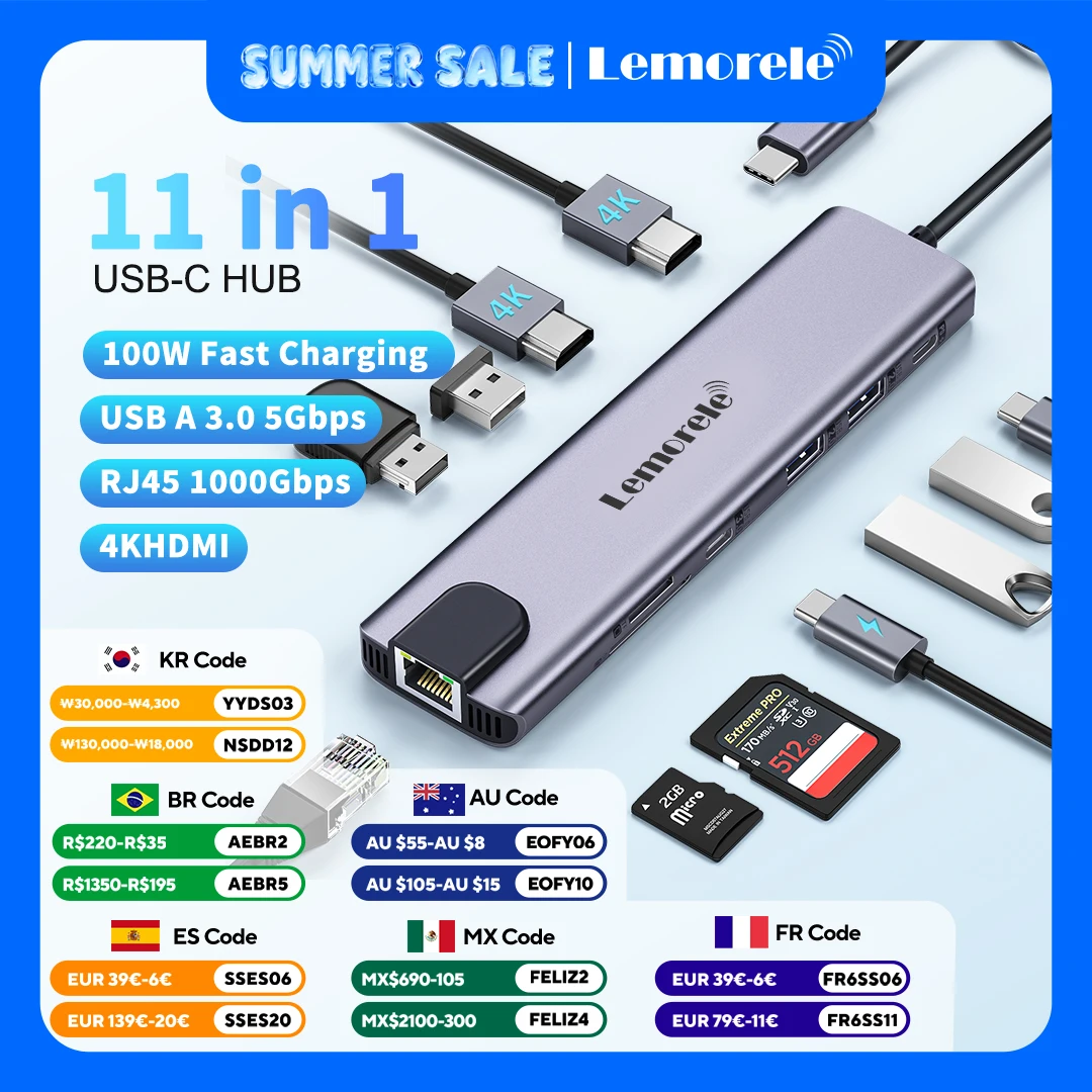 LEMORELE 11 in 1 HUB Docking Station with 2 HDMI 4K 30Hz, 4 USB A 5Gbps, USB 3.0 RJ45 Ethernet, Stand for Type-C Laptops Tablet