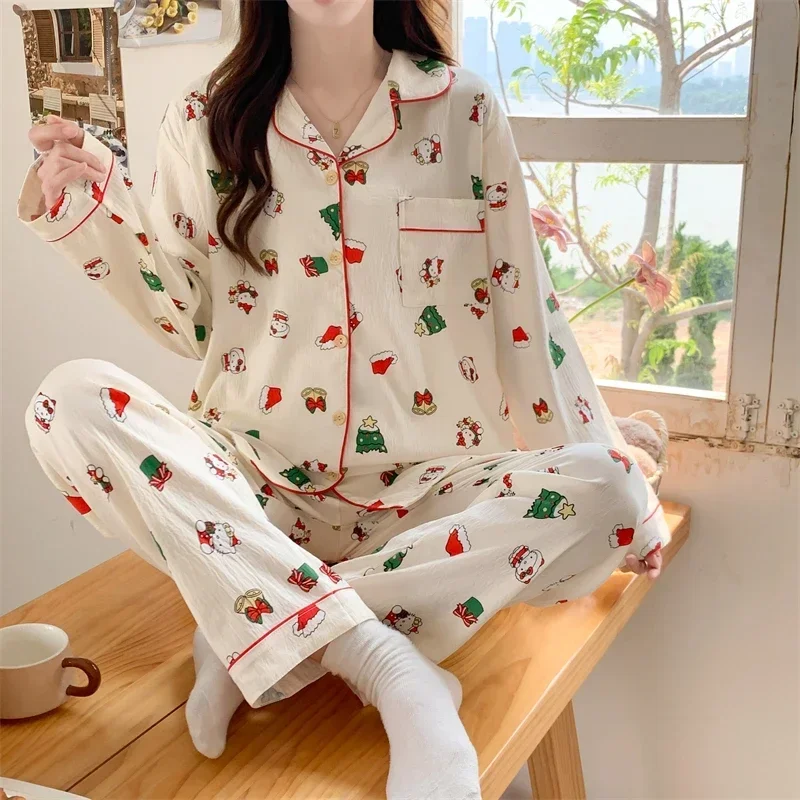 Sanrio Hello Kitty New Cotton Pajamas Christmas Christmas Tree Cartoon Women's Pajamas ChristmasHat Homewear Silk Pajamas Women