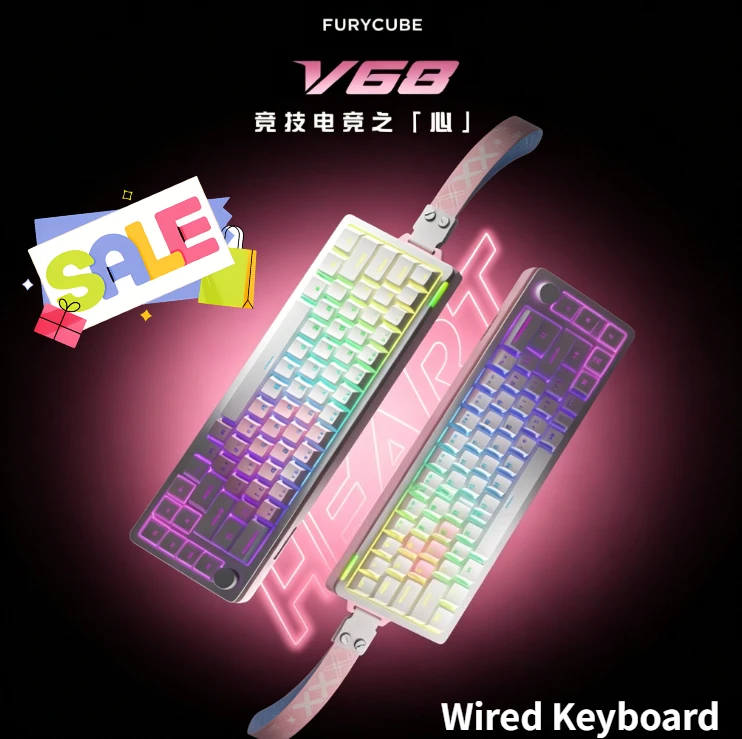 FURYCUBE V68 Compact 68% Wired Gaming Keyboard, Smart Volume Knob, RGB Backlit Hot-Swappable Mechanical Keyboard for PC