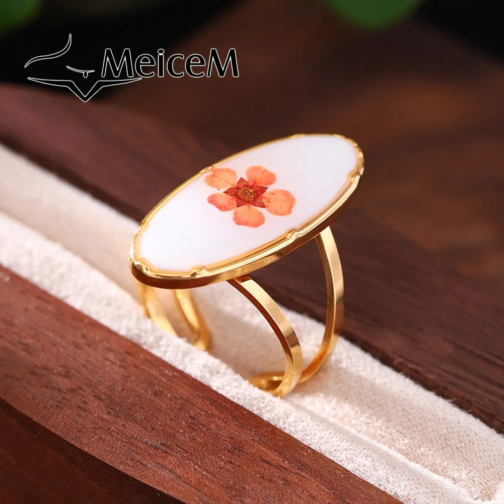MeiceM Stainless Steel Dried Flowers Eternal Flowers Series Flowers Exquisitely Designed Temperament Open Ring For Women