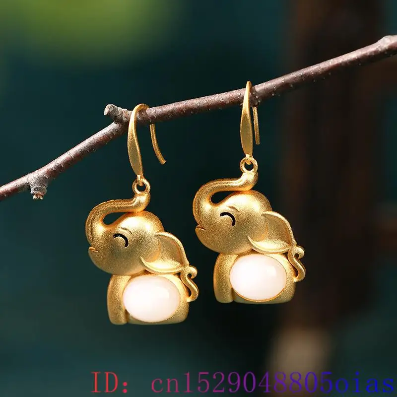 White Real Jade Elephant Earrings Gift Accessories Luxury Natural Jewelry Women Amulet 18K Gold Plated Talismans Gemstone