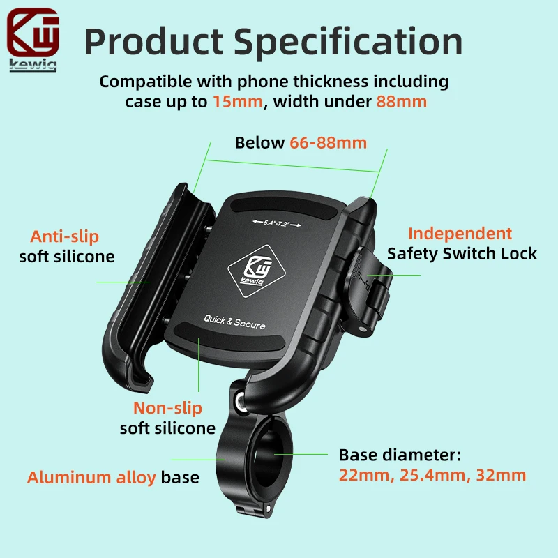 Kewig M8SP Motorcycle Phone Holder With Vibration Dampener Quick Lock Aluminum Alloy Phone Mount For E-Bike Bicycle Scooter ATV - view 6