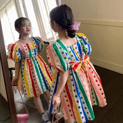 3-8 Years Baby Girls Dot Rainbow Dress Summer Princess Puff Sleeves Clothing Kids Cute Dresses Children Clothes Puffy Skirt