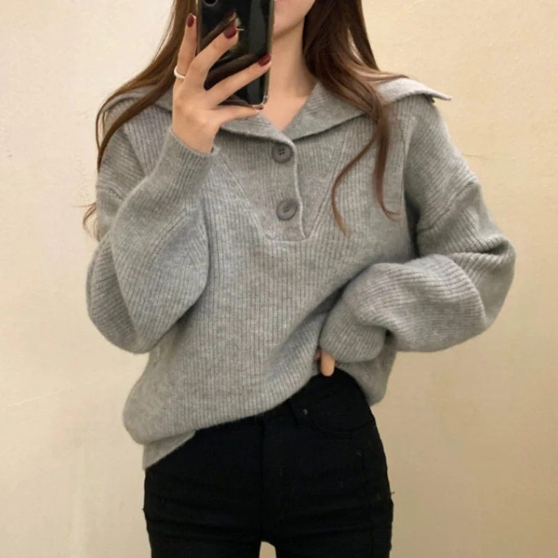 

Fashion Turn Down Collar Knitted Sweaters Women Korean Buttons Loose Pullovers Autumn Winter Solid Color Streetwear Jumper Tops